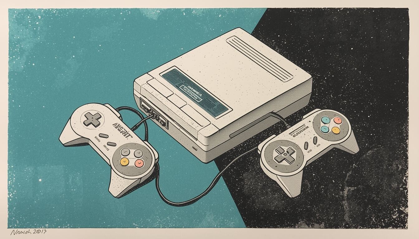 A 16-bit game console with two controllers, drawn in teal and black print style.